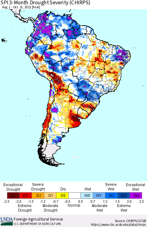 South America SPI 3-Month Drought Severity (CHIRPS) Thematic Map For 8/1/2022 - 10/31/2022