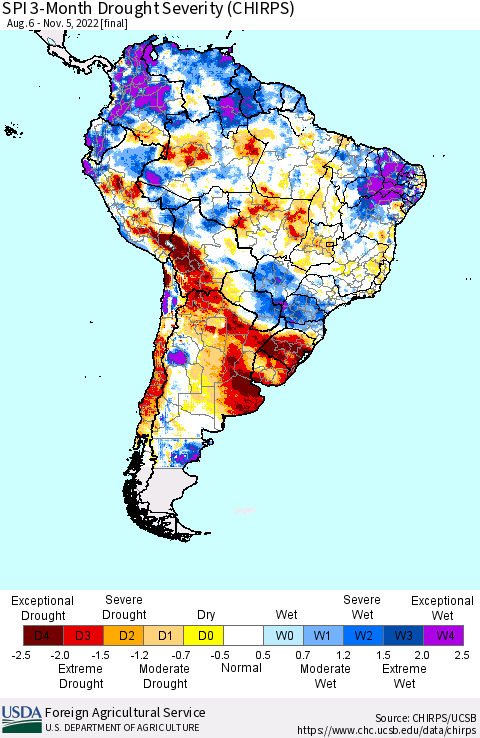 South America SPI 3-Month Drought Severity (CHIRPS) Thematic Map For 8/6/2022 - 11/5/2022