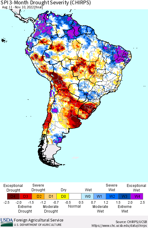 South America SPI 3-Month Drought Severity (CHIRPS) Thematic Map For 8/11/2022 - 11/10/2022