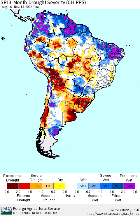 South America SPI 3-Month Drought Severity (CHIRPS) Thematic Map For 8/16/2022 - 11/15/2022