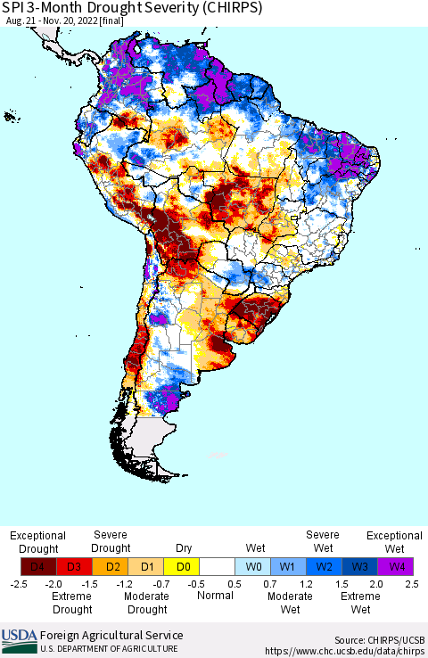 South America SPI 3-Month Drought Severity (CHIRPS) Thematic Map For 8/21/2022 - 11/20/2022