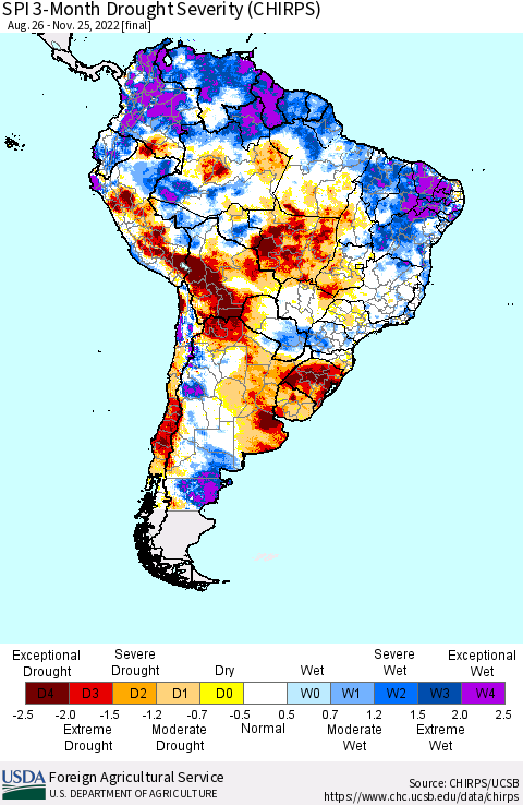 South America SPI 3-Month Drought Severity (CHIRPS) Thematic Map For 8/26/2022 - 11/25/2022