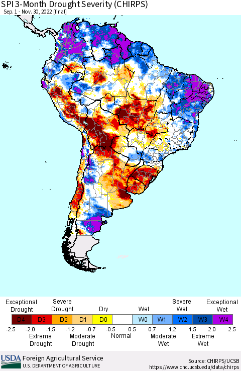 South America SPI 3-Month Drought Severity (CHIRPS) Thematic Map For 9/1/2022 - 11/30/2022