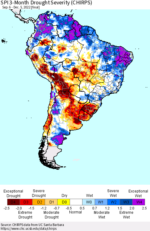 South America SPI 3-Month Drought Severity (CHIRPS) Thematic Map For 9/6/2022 - 12/5/2022