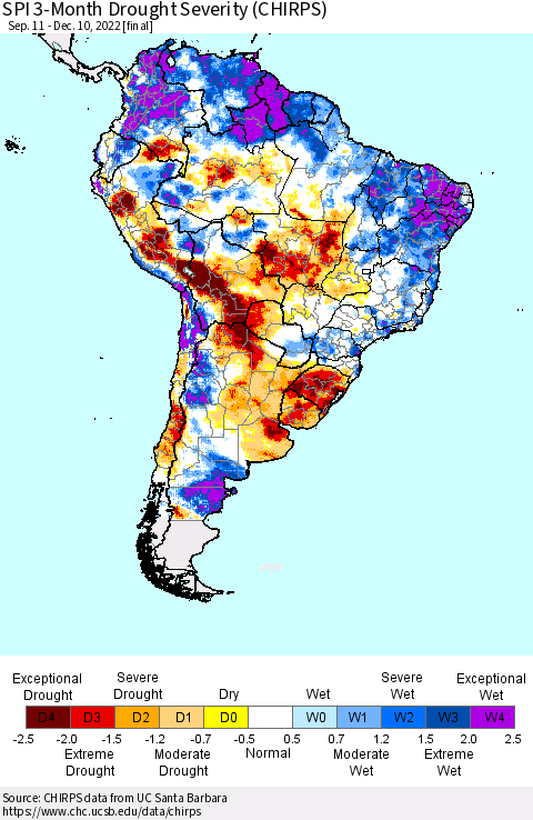 South America SPI 3-Month Drought Severity (CHIRPS) Thematic Map For 9/11/2022 - 12/10/2022