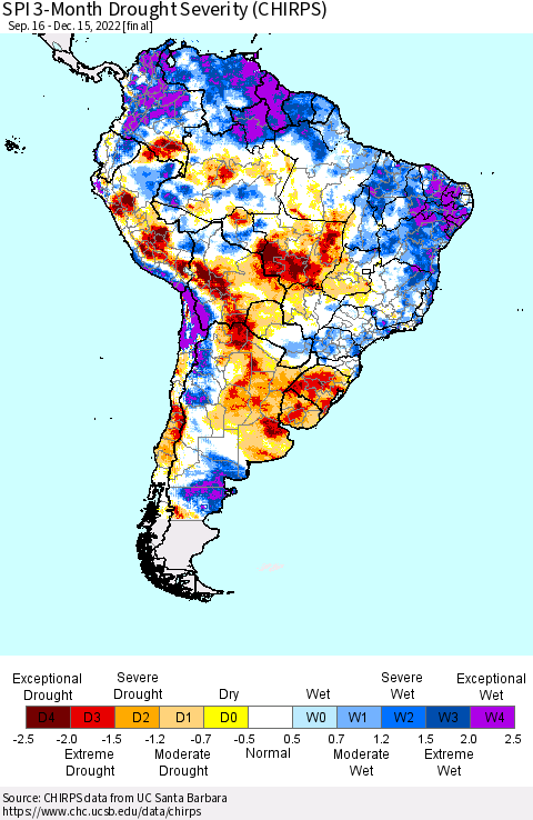 South America SPI 3-Month Drought Severity (CHIRPS) Thematic Map For 9/16/2022 - 12/15/2022
