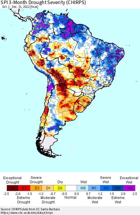 South America SPI 3-Month Drought Severity (CHIRPS) Thematic Map For 10/1/2022 - 12/31/2022