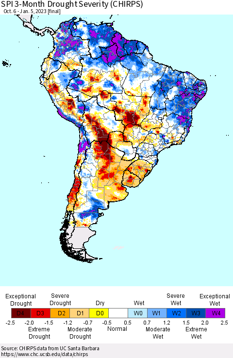 South America SPI 3-Month Drought Severity (CHIRPS) Thematic Map For 10/6/2022 - 1/5/2023