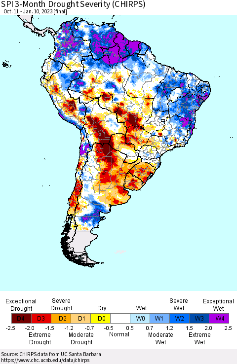 South America SPI 3-Month Drought Severity (CHIRPS) Thematic Map For 10/11/2022 - 1/10/2023