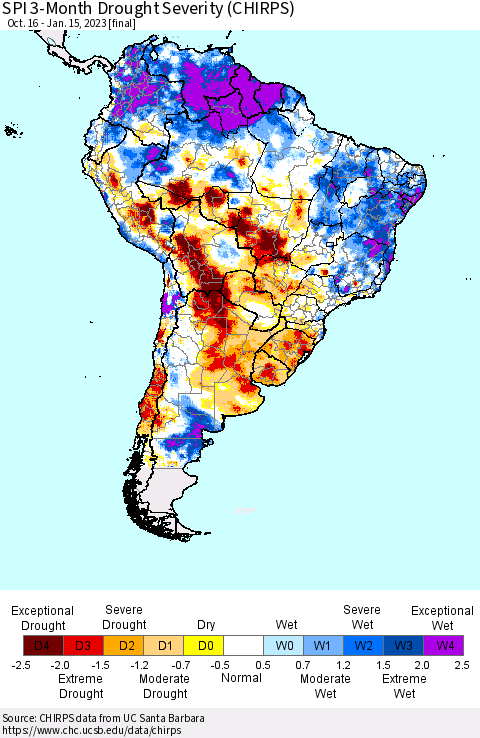 South America SPI 3-Month Drought Severity (CHIRPS) Thematic Map For 10/16/2022 - 1/15/2023
