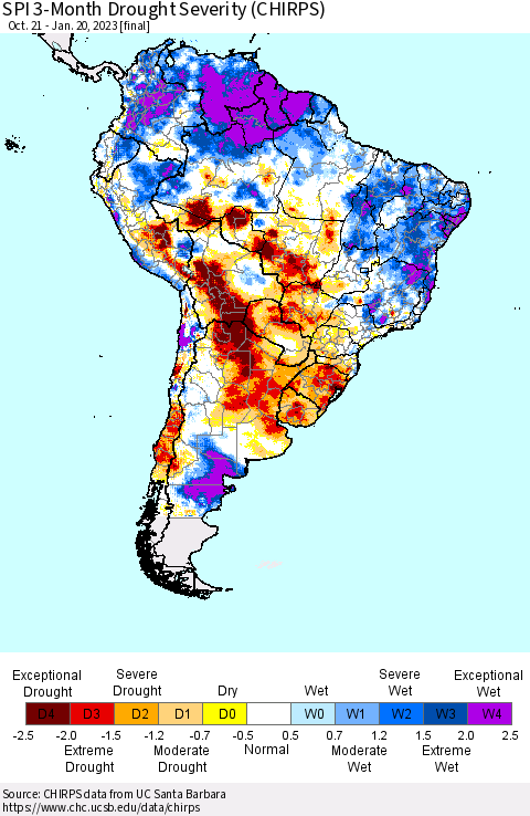 South America SPI 3-Month Drought Severity (CHIRPS) Thematic Map For 10/21/2022 - 1/20/2023