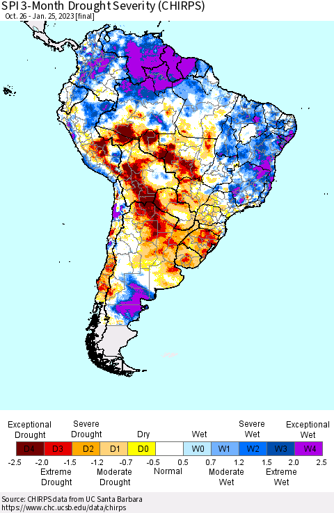 South America SPI 3-Month Drought Severity (CHIRPS) Thematic Map For 10/26/2022 - 1/25/2023