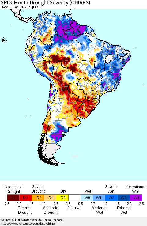 South America SPI 3-Month Drought Severity (CHIRPS) Thematic Map For 11/1/2022 - 1/31/2023