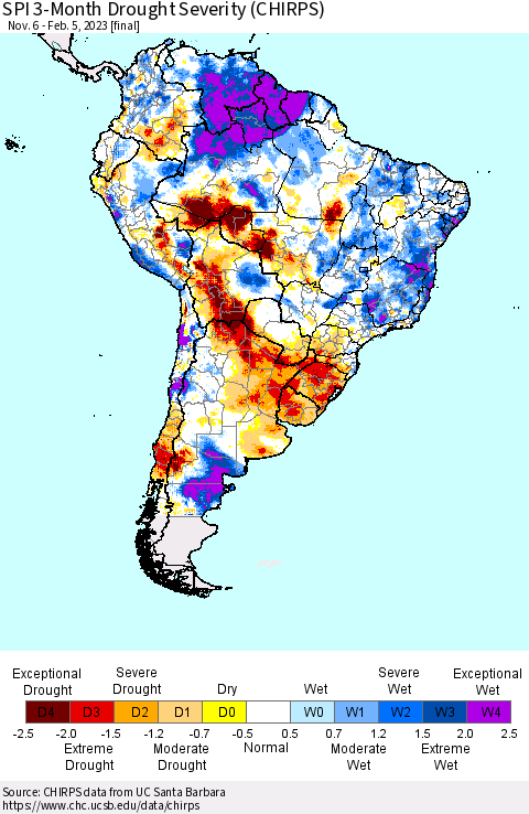 South America SPI 3-Month Drought Severity (CHIRPS) Thematic Map For 11/6/2022 - 2/5/2023