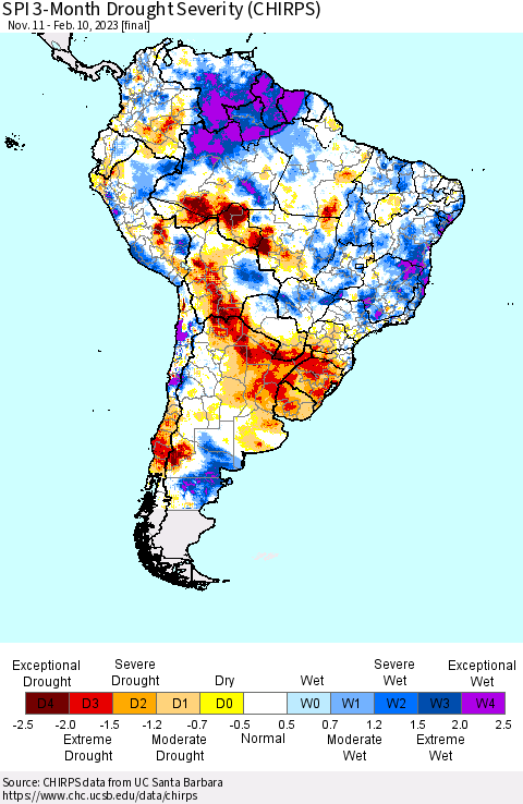 South America SPI 3-Month Drought Severity (CHIRPS) Thematic Map For 11/11/2022 - 2/10/2023