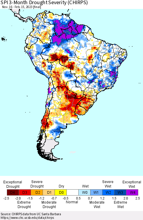 South America SPI 3-Month Drought Severity (CHIRPS) Thematic Map For 11/16/2022 - 2/15/2023