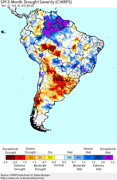 South America SPI 3-Month Drought Severity (CHIRPS) Thematic Map For 11/21/2022 - 2/20/2023