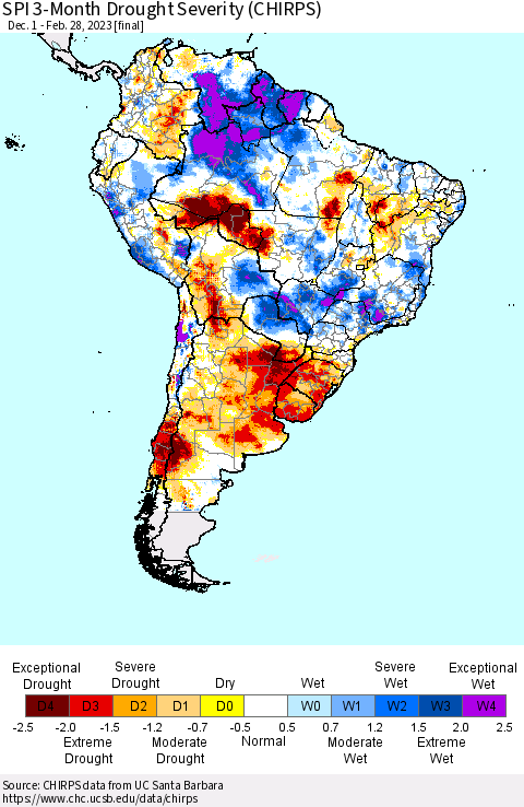 South America SPI 3-Month Drought Severity (CHIRPS) Thematic Map For 12/1/2022 - 2/28/2023