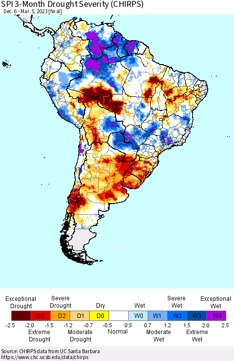 South America SPI 3-Month Drought Severity (CHIRPS) Thematic Map For 12/6/2022 - 3/5/2023