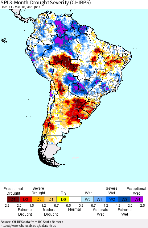 South America SPI 3-Month Drought Severity (CHIRPS) Thematic Map For 12/11/2022 - 3/10/2023