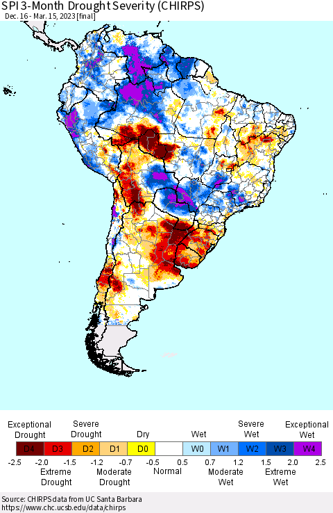 South America SPI 3-Month Drought Severity (CHIRPS) Thematic Map For 12/16/2022 - 3/15/2023