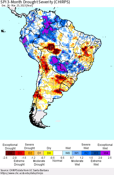 South America SPI 3-Month Drought Severity (CHIRPS) Thematic Map For 12/26/2022 - 3/25/2023