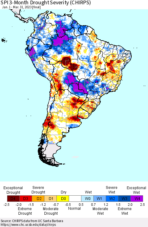 South America SPI 3-Month Drought Severity (CHIRPS) Thematic Map For 1/1/2023 - 3/31/2023