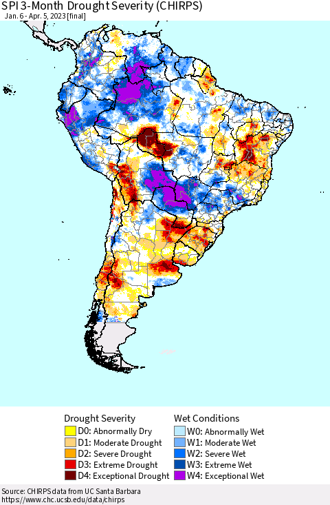 South America SPI 3-Month Drought Severity (CHIRPS) Thematic Map For 1/6/2023 - 4/5/2023