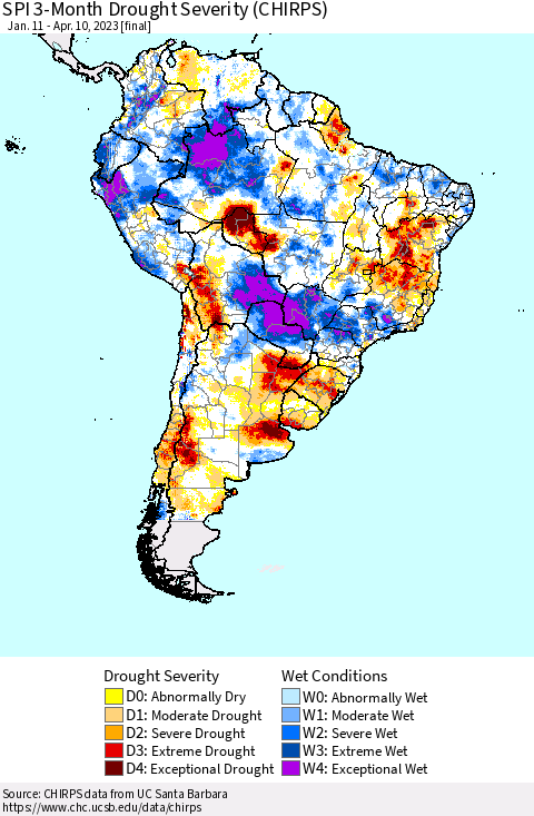South America SPI 3-Month Drought Severity (CHIRPS) Thematic Map For 1/11/2023 - 4/10/2023