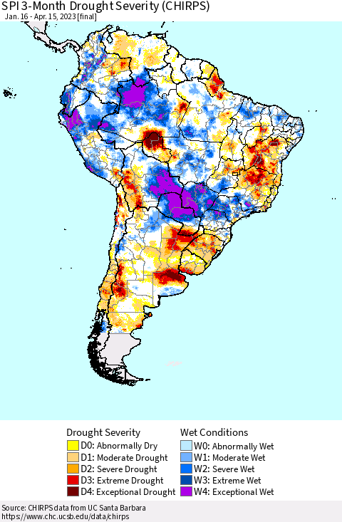 South America SPI 3-Month Drought Severity (CHIRPS) Thematic Map For 1/16/2023 - 4/15/2023