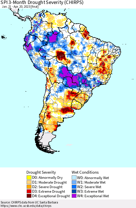 South America SPI 3-Month Drought Severity (CHIRPS) Thematic Map For 1/21/2023 - 4/20/2023