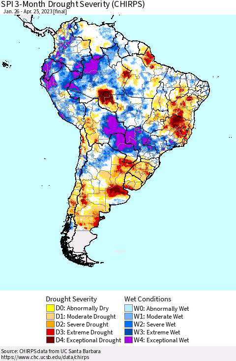 South America SPI 3-Month Drought Severity (CHIRPS) Thematic Map For 1/26/2023 - 4/25/2023