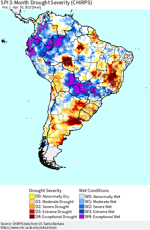 South America SPI 3-Month Drought Severity (CHIRPS) Thematic Map For 2/1/2023 - 4/30/2023