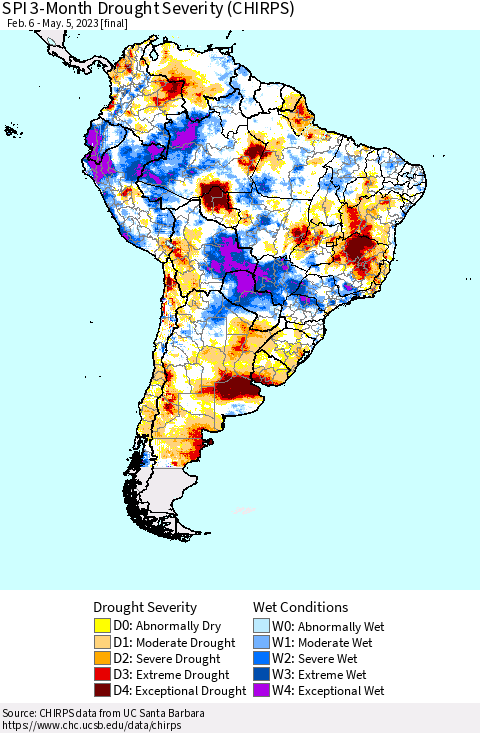 South America SPI 3-Month Drought Severity (CHIRPS) Thematic Map For 2/6/2023 - 5/5/2023