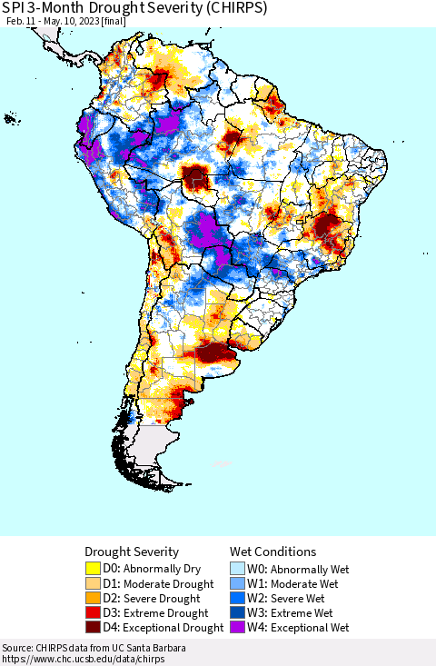 South America SPI 3-Month Drought Severity (CHIRPS) Thematic Map For 2/11/2023 - 5/10/2023