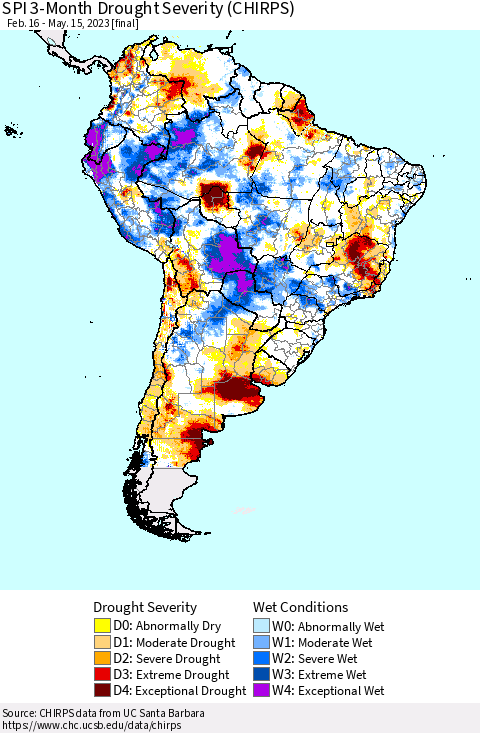 South America SPI 3-Month Drought Severity (CHIRPS) Thematic Map For 2/16/2023 - 5/15/2023