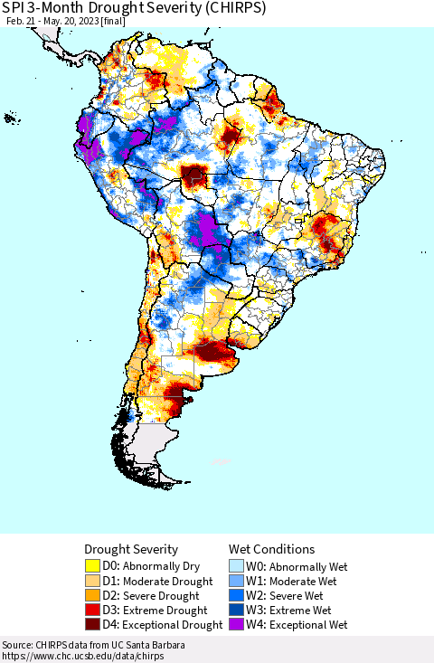 South America SPI 3-Month Drought Severity (CHIRPS) Thematic Map For 2/21/2023 - 5/20/2023
