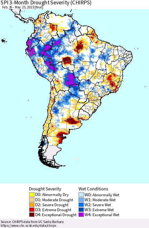 South America SPI 3-Month Drought Severity (CHIRPS) Thematic Map For 2/26/2023 - 5/25/2023