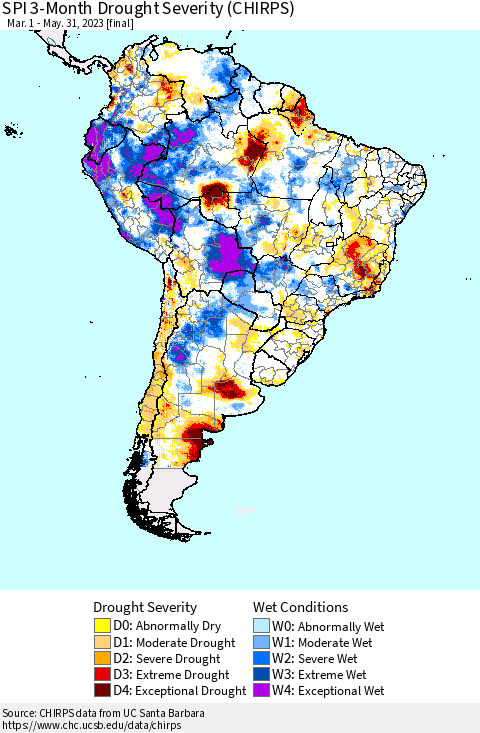 South America SPI 3-Month Drought Severity (CHIRPS) Thematic Map For 3/1/2023 - 5/31/2023