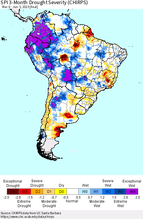 South America SPI 3-Month Drought Severity (CHIRPS) Thematic Map For 3/6/2023 - 6/5/2023