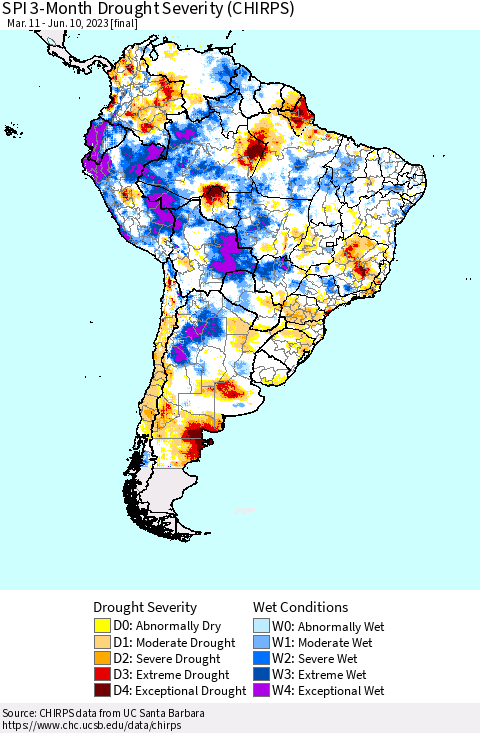 South America SPI 3-Month Drought Severity (CHIRPS) Thematic Map For 3/11/2023 - 6/10/2023