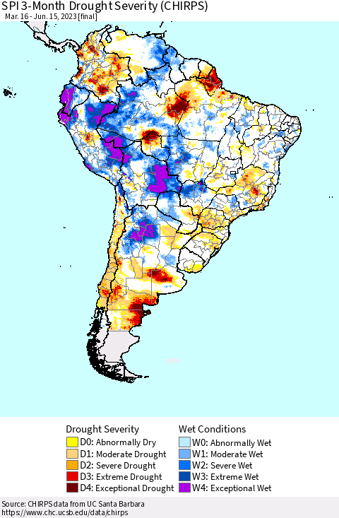 South America SPI 3-Month Drought Severity (CHIRPS) Thematic Map For 3/16/2023 - 6/15/2023