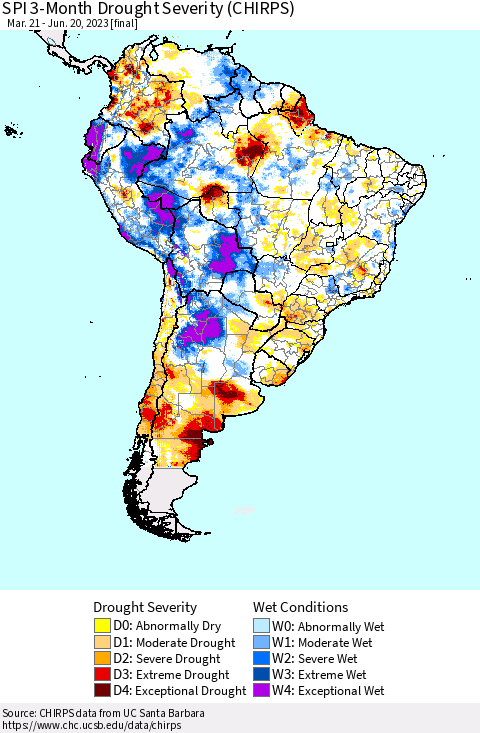 South America SPI 3-Month Drought Severity (CHIRPS) Thematic Map For 3/21/2023 - 6/20/2023