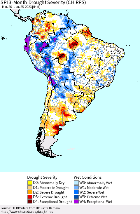South America SPI 3-Month Drought Severity (CHIRPS) Thematic Map For 3/26/2023 - 6/25/2023