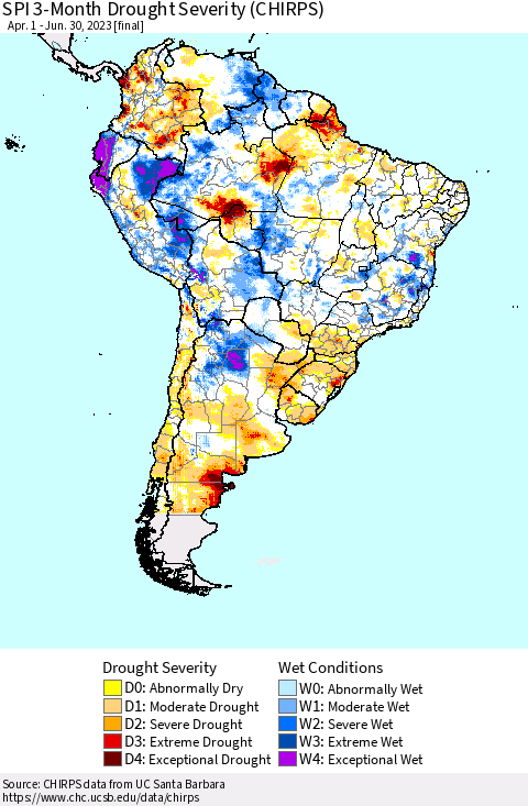 South America SPI 3-Month Drought Severity (CHIRPS) Thematic Map For 4/1/2023 - 6/30/2023