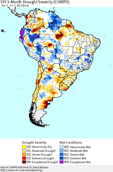 South America SPI 3-Month Drought Severity (CHIRPS) Thematic Map For 4/6/2023 - 7/5/2023