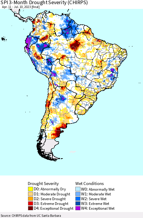 South America SPI 3-Month Drought Severity (CHIRPS) Thematic Map For 4/11/2023 - 7/10/2023