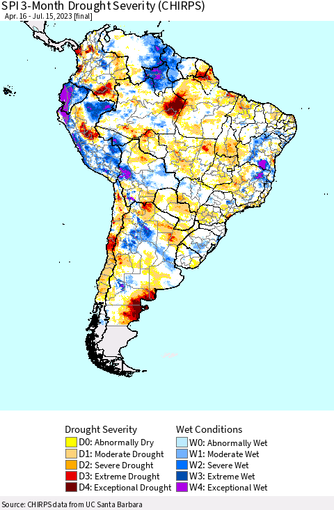 South America SPI 3-Month Drought Severity (CHIRPS) Thematic Map For 4/16/2023 - 7/15/2023
