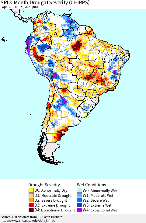 South America SPI 3-Month Drought Severity (CHIRPS) Thematic Map For 4/21/2023 - 7/20/2023