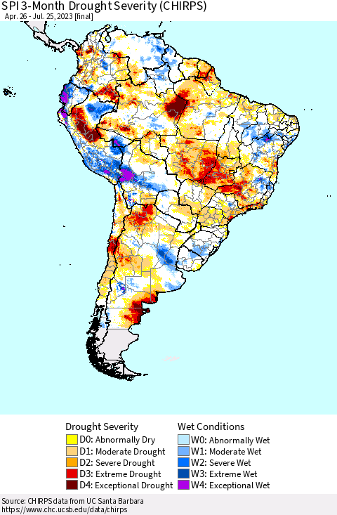 South America SPI 3-Month Drought Severity (CHIRPS) Thematic Map For 4/26/2023 - 7/25/2023